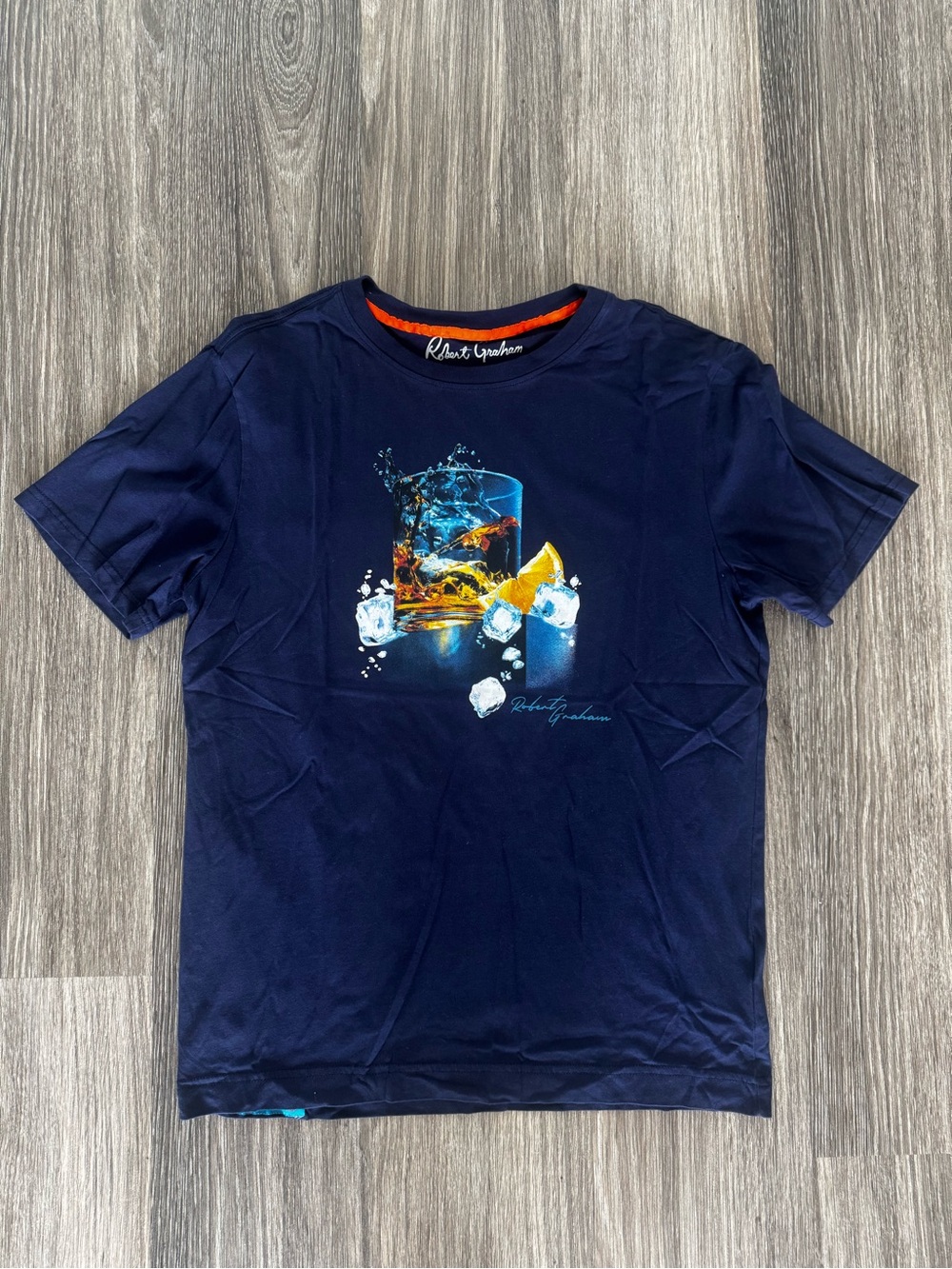 Robert Graham Navy Tee with Blue and Yellow Drink Graphic